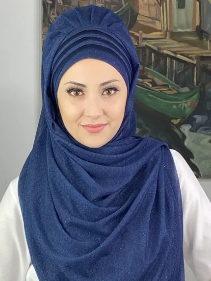 Topkapı Model Çapraz Drapeli Fransız Şifon Simli Şal - Lacivert