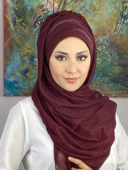 Boncuklu Drapeli Simli Şal - Bordo