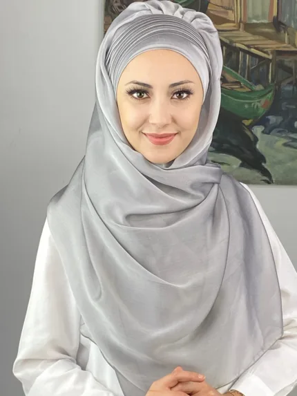 Saray Model Yan Drapeli Fransız Şifon Hazır Şal - Açık Gri