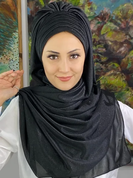Işıltı Model Drapeli Simli Abiye Şal - Siyah