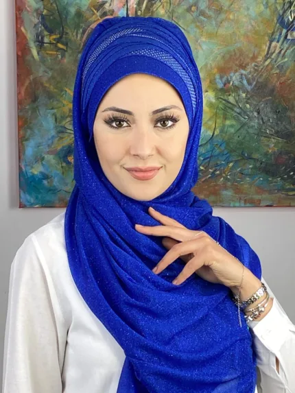 Boncuklu Drapeli Simli Şal - Saks Mavi