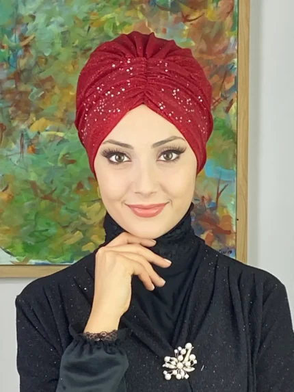 Sultan Model Simli Büzgülü Dış Bone - Kırmızı