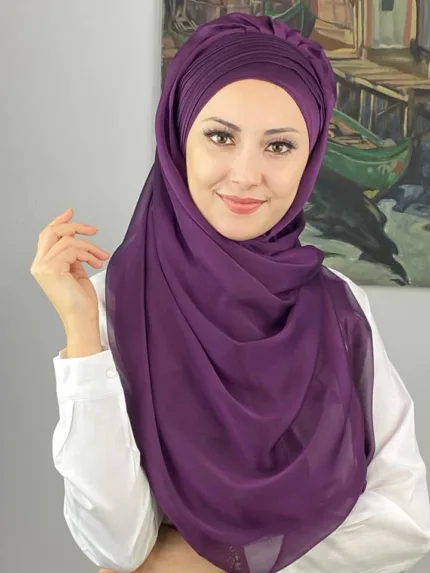 Saray Model Yan Drapeli Fransız Şifon Hazır Şal - Koyu Mor