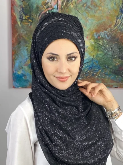 Boncuklu Drapeli Simli Şal - Siyah