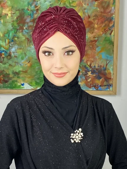 Sultan Model Simli Büzgülü Dış Bone - Bordo