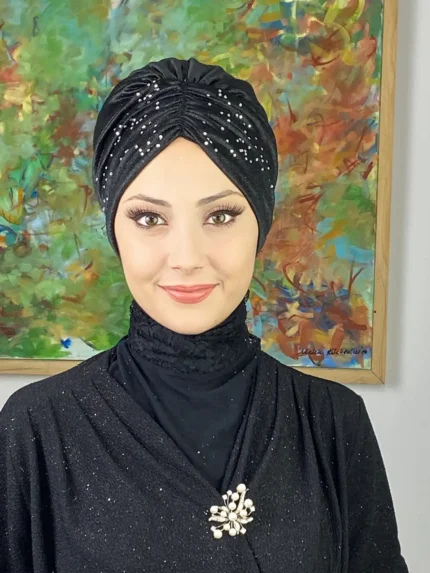 Sultan Model Simli Büzgülü Dış Bone - Siyah