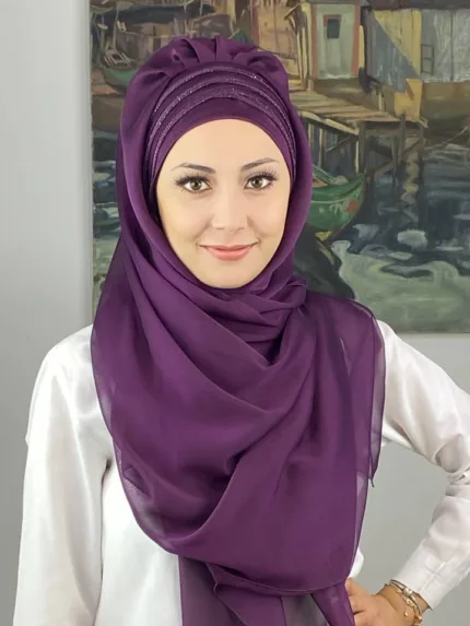 Topkapı Çapraz Drapeli Biritleri Simli Fransız Şifon Hazır Şal - Koyu Mor