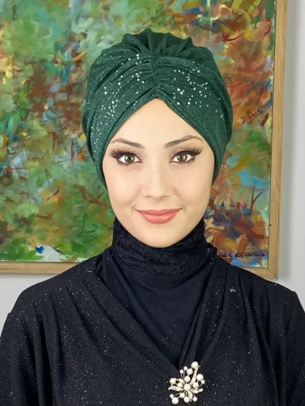 Sultan Model Simli Büzgülü Dış Bone - Koyu Zümrüt