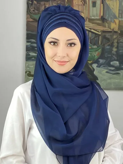 Topkapı Çapraz Drapeli Biritleri Simli Fransız Şifon Hazır Şal - Açık Lacivert
