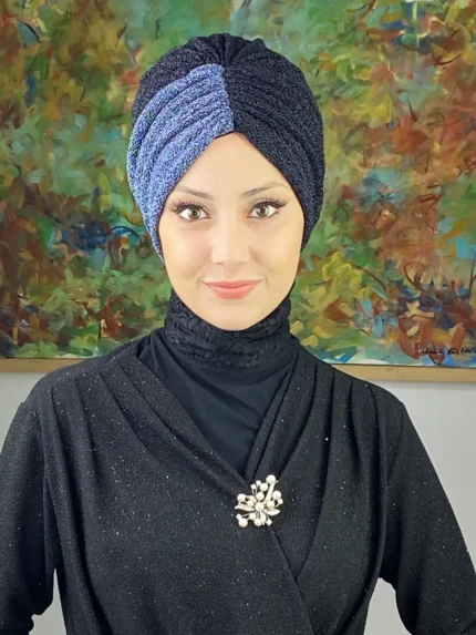 Sultan Model Çift Renkli Büzgülü Dış Bone - Siyah / İndigo