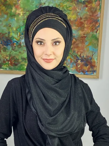 Yan Drapeli Gold Detaylı Simli Şal - Siyah