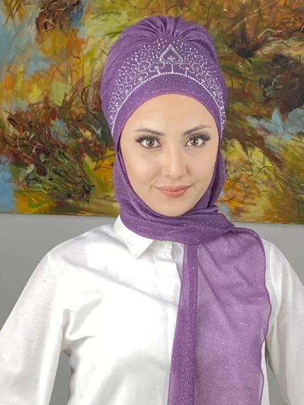 Vintage Model Taşlı Abiye Atkılı Bone Şal - Leylak