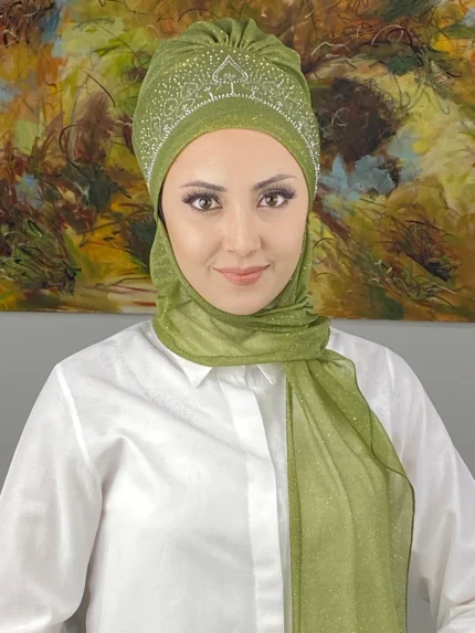 Vintage Model Taşlı Abiye Atkılı Bone Şal - Açık Yağ Yeşili