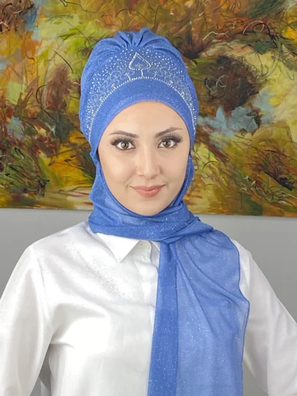 Vintage Model Taşlı Abiye Atkılı Bone Şal - İndigo Mavi