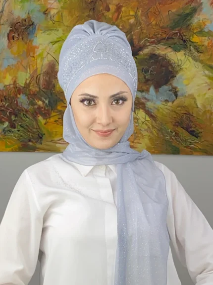 Vintage Model Taşlı Abiye Atkılı Bone Şal - Açık Gri