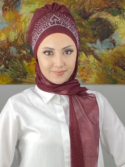 Vintage Model Taşlı Abiye Atkılı Bone Şal - Bordo