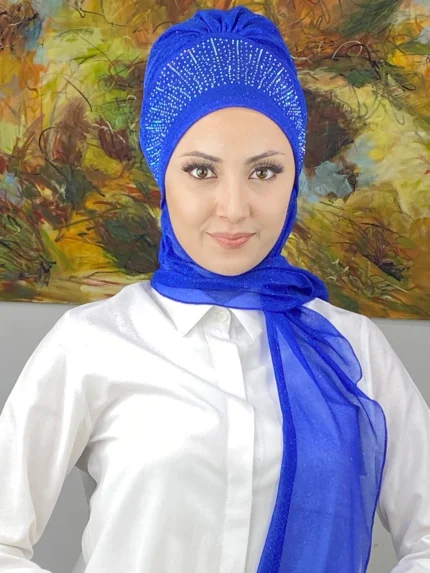 Güneş Model Taşlı Abiye Atkılı Bone Şal - Saks Mavi