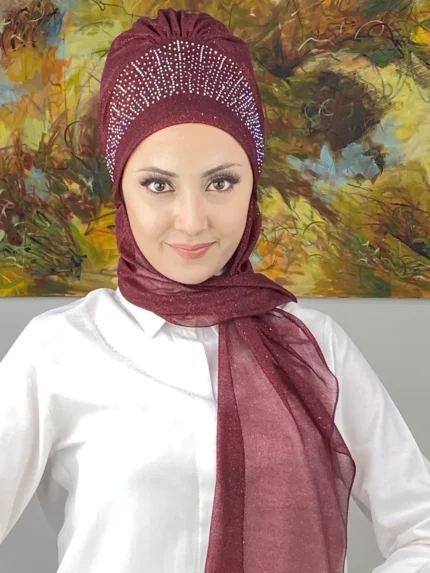Güneş Model Taşlı Abiye Atkılı Bone Şal - Bordo