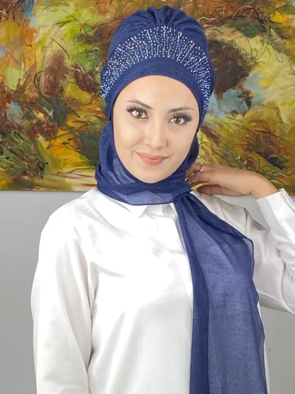 Güneş Model Taşlı Abiye Atkılı Bone Şal - Koyu Lacivert