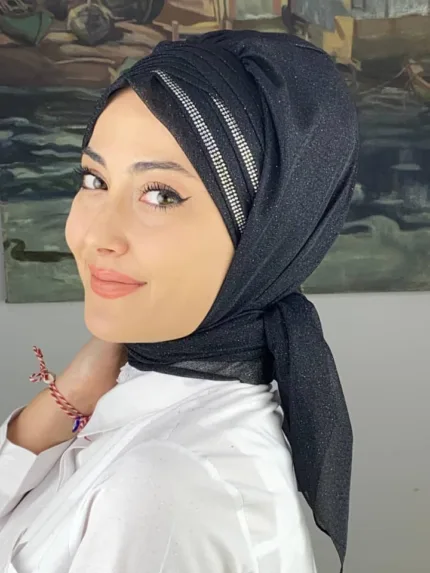 Çırağan Çok Drapeli Gümüş Taşlı Simli Şifon Hazır Şal - Koyu Gri