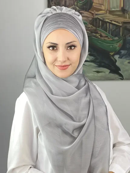 Topkapı Çapraz Drapeli Fransız Şifon Hazır Şal - Açık Gri
