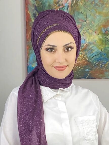 Dilber Model Çok Drapeli Abiye Sim Detaylı Şal - Mor