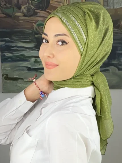 Çırağan Çok Drapeli Gümüş Taşlı Simli Şifon Hazır Şal - Fıstık Yeşil