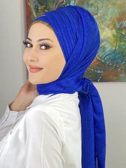 Dilber Model Çok Drapeli Sim Detaylı Şal - Saks Mavisi