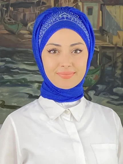 Prenses Model Gümüş Taşlı Simli Şifon Hazır Şal - Saks Mavisi