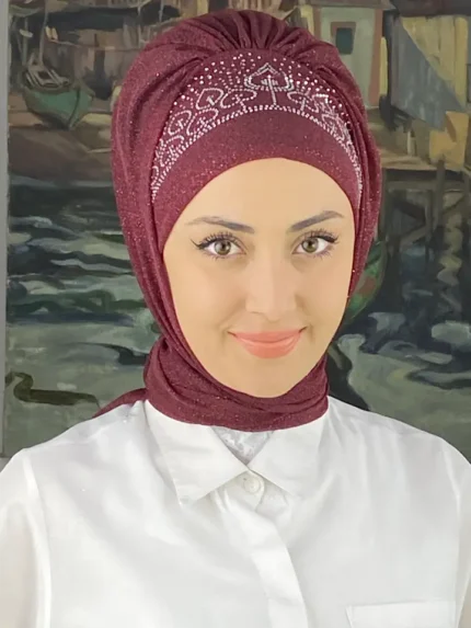 Prenses Model Gümüş Taşlı Simli Şifon Hazır Şal - Bordo