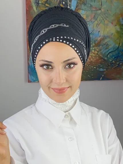 Gümüş Taşlı Kuşgözü Model Çapraz Detaylı Simli Şifon Bone Şal - Siyah