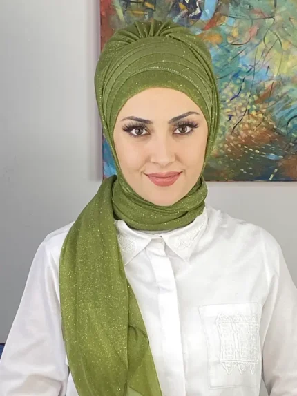 Dilber Model Çok Drapeli Üçlü Taş Abiye Simli Şal - Yağ Yeşili