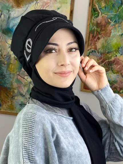 Toka Modelli Simli Taşlı Şapka - Siyah