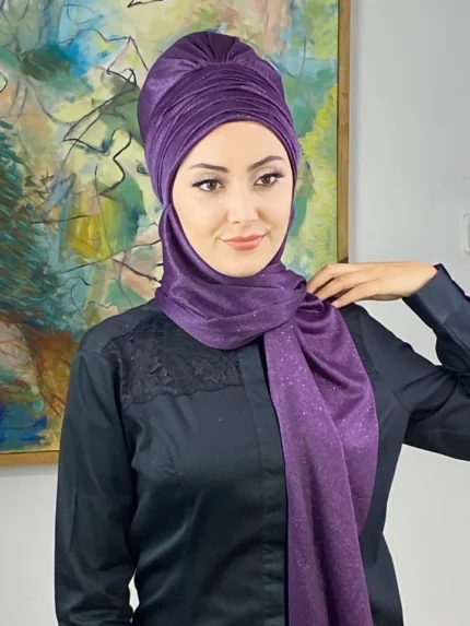 Simli Atkılı Bone Şal - Mor