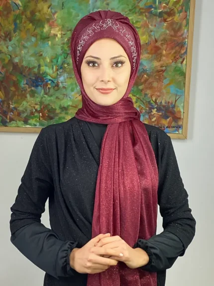 Prenses Model Simli Şifon Büzgülü Şal - Bordo