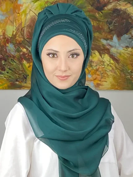 Mihrimah Çapraz Drapeli Fransız Şifon Hazır Şal - Zümrüt Yeşili