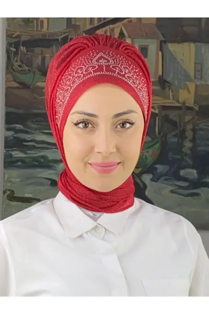 Prenses Model Gümüş Simli Şifon Hazır Şal - Kırmızı