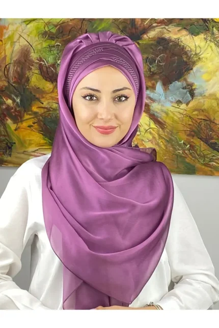 Mihrimah Çapraz Drapeli Fransız Şifon Hazır Şal - Mor