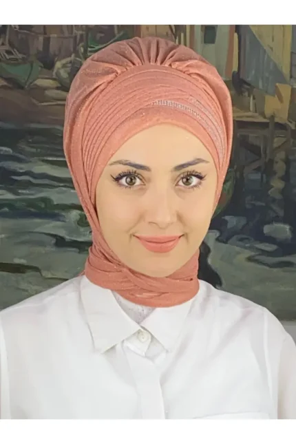 Gümüş Taşlı Drape Detaylı Simli Şal - Somon