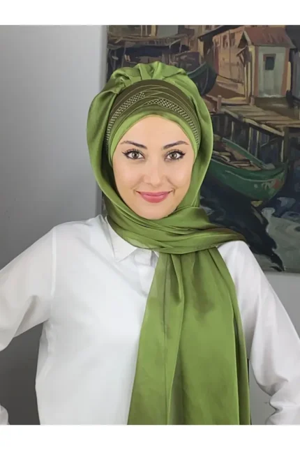 Mihrimah Çapraz Drapeli Fransız Şifon Hazır Şal - Yağ Yeşili
