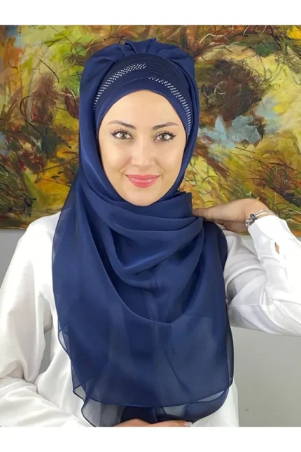 Mihrimah Çapraz Drapeli Fransız Şifon Hazır Şal - Koyu Lacivert