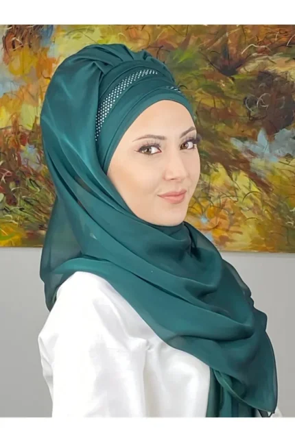 Mihrimah Çapraz Drapeli Fransız Şifon Hazır Şal - Zümrüt Yeşili