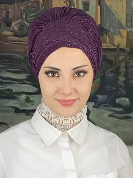 Çapraz Çok Drapeli Taşsız Abiye Bone Şal - Koyu Mor