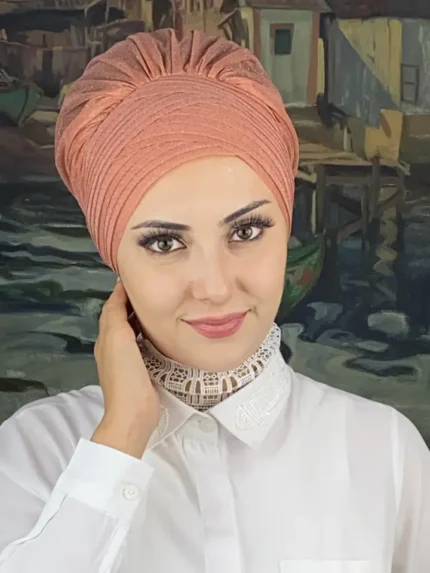 Çapraz Çok Drapeli Taşsız Abiye Bone Şal - Koyu Somon