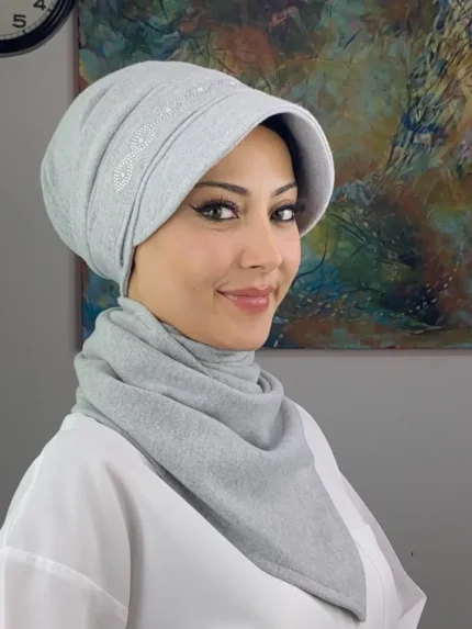 Yılan İnci Detaylı İkili Takım Şapka - Açık Gri