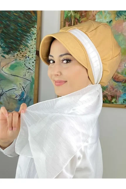 Şifon Fularlı Biritli Açık Devetüyü Şapka