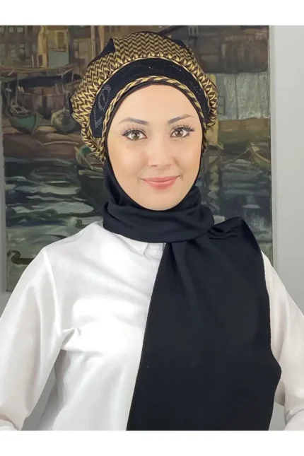 Çarkıfelek Model Taşlı Kemerli Buğday Desen Siyah Atkılı Bere