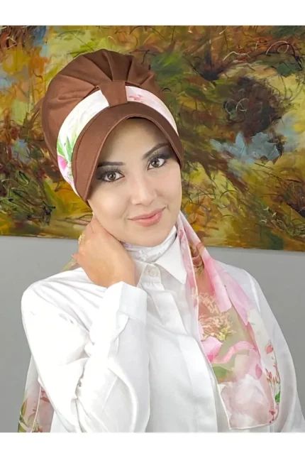 Floral Desenli Tek Biritli Fularlı Şapka
